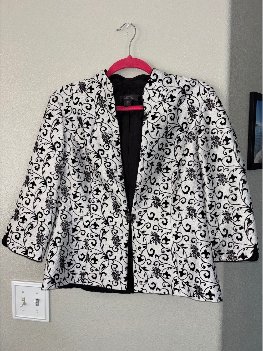 VTG Dressbarn Black White Floral Velvet Damask Blazer Sz 10